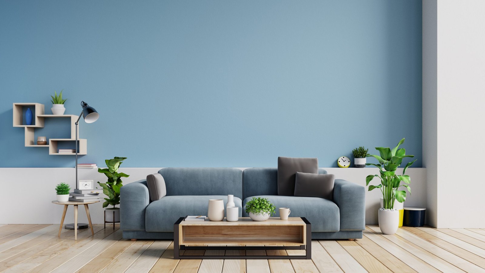 interior-bright-living-room-with-pillows-sofa-plants-lamp-empty-blue-wall