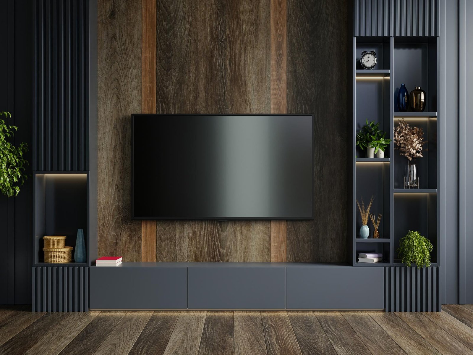 wooden-wall-mounted-tv-modern-living-room-with-decoration-dark-wall-background3d-rendering